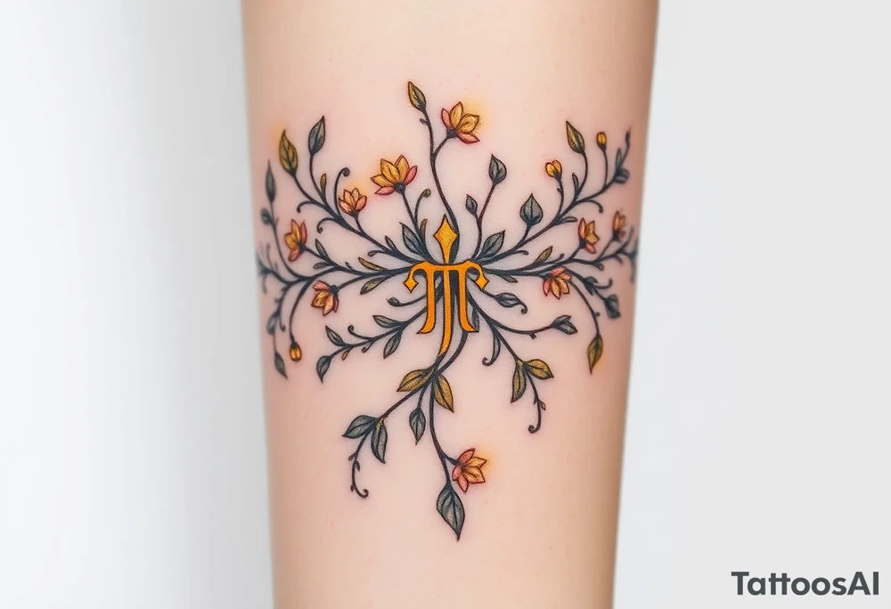 An enchanted bow made of intertwining vines and flowers, with golden Sagittarius glyphs glowing among the leaves tattoo idea