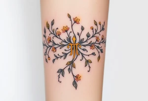 An enchanted bow made of intertwining vines and flowers, with golden Sagittarius glyphs glowing among the leaves tattoo idea