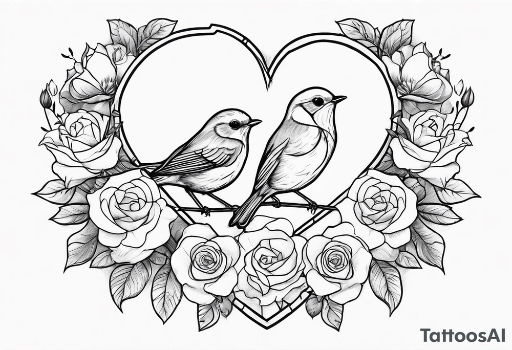 A heart muscle with a Robin inside surrounded by roses, likely of the valley and cosmos flowers tattoo idea