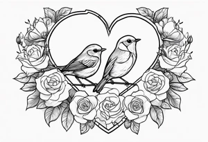 A heart muscle with a Robin inside surrounded by roses, likely of the valley and cosmos flowers tattoo idea
