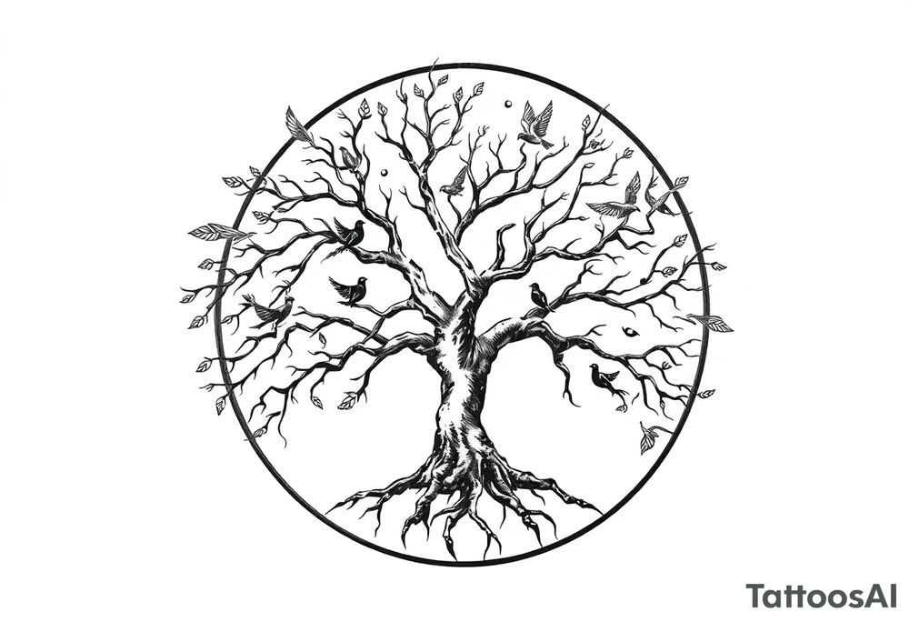 Tree of life in a broken circle with birds flying out tattoo idea