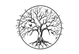 Tree of life in a broken circle with birds flying out tattoo idea