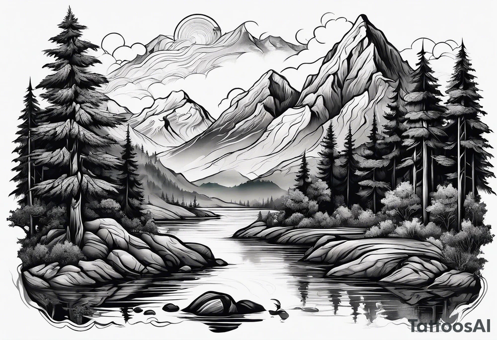Mountains rivers trees tattoo idea