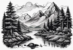 Mountains rivers trees tattoo idea