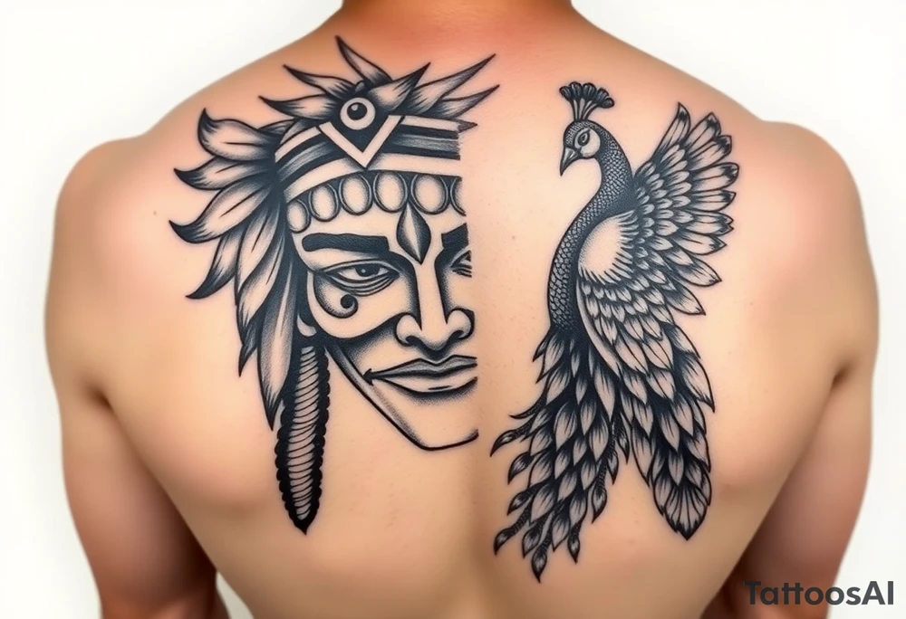 lord murugan colorful face tattoo with peacock
on back tattoo idea