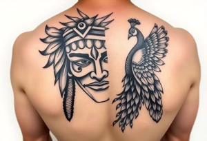 lord murugan colorful face tattoo with peacock
on back tattoo idea
