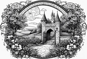 night medieval town garden open gate entrance 
 in circle vignette surrounded by clouds floral tattoo idea