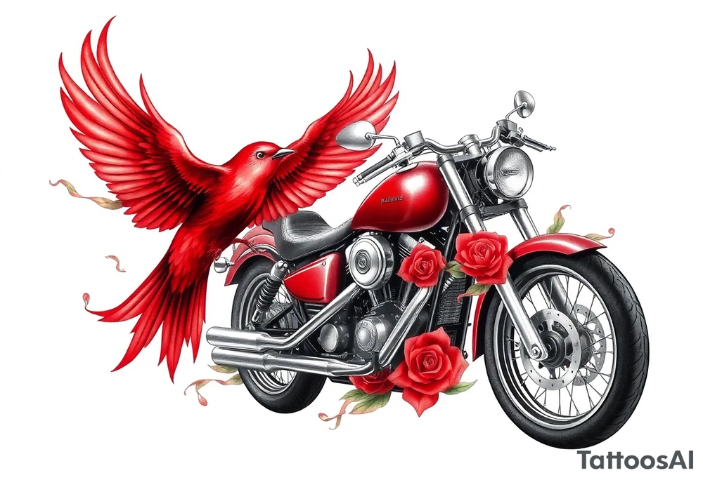 Motorcycle, red bird flying, roses and lace, flames tattoo idea
