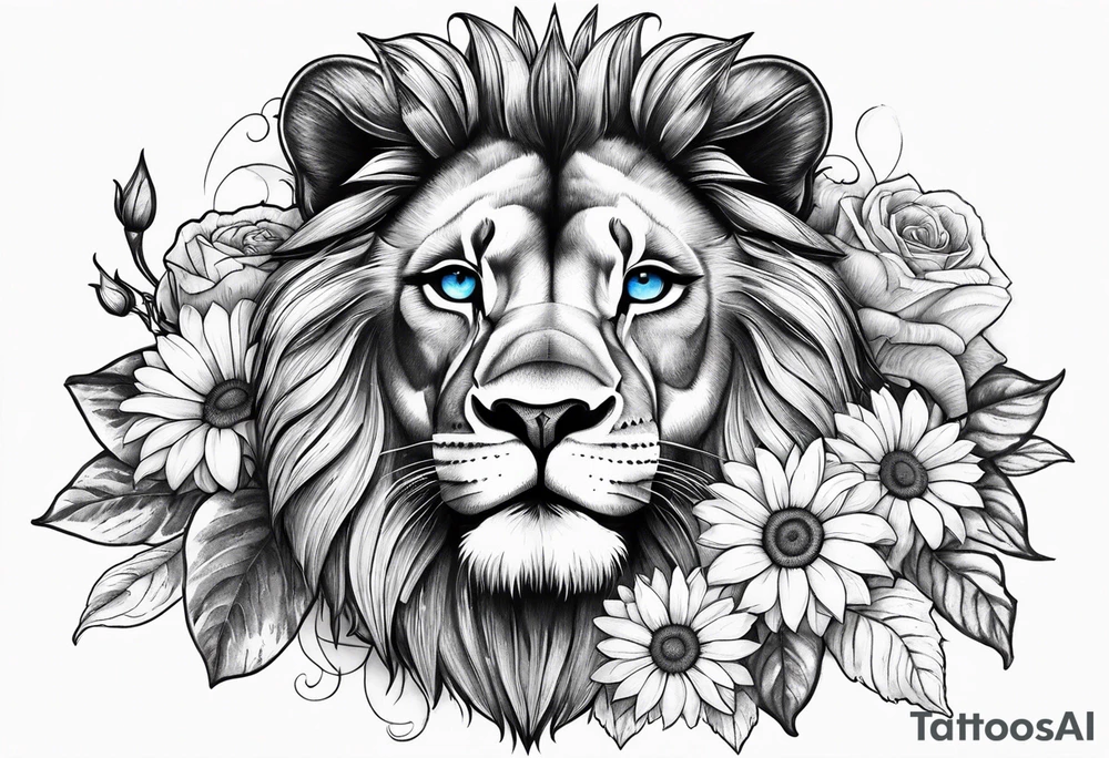 Lion with blue eyes with sunflowers, roses, gerberas and lillys with clocks tattoo idea