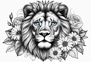 Lion with blue eyes with sunflowers, roses, gerberas and lillys with clocks tattoo idea