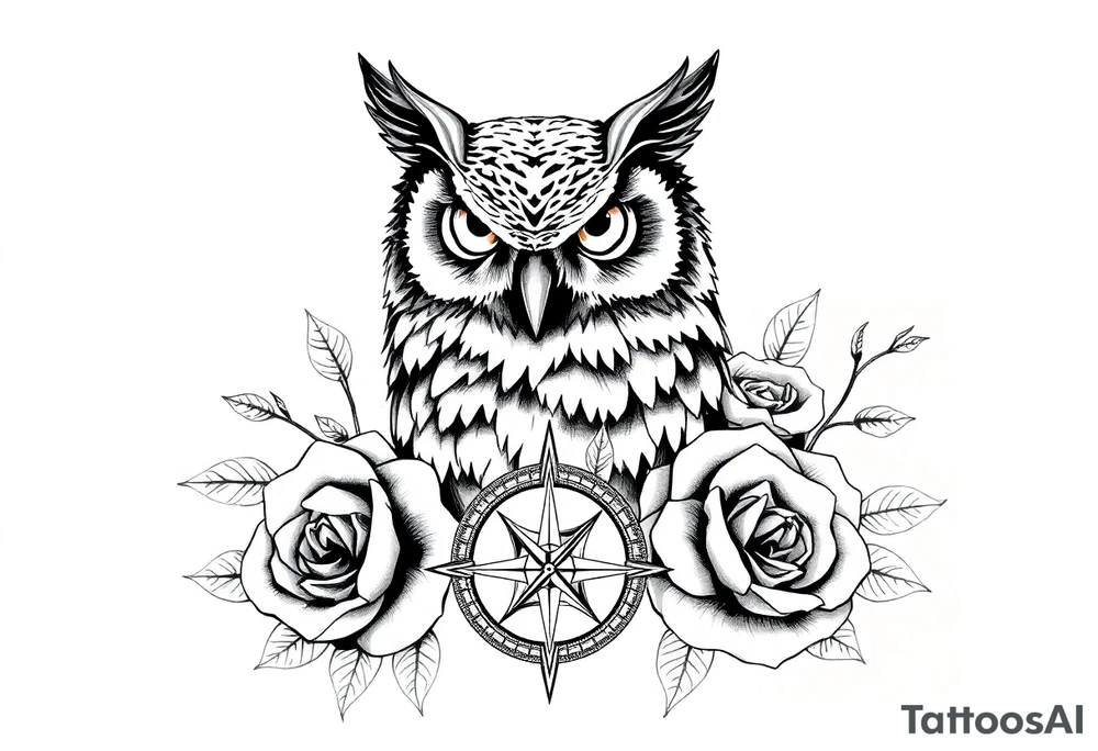 an owl,roses,compass. tattoo idea