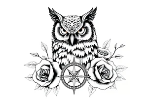 an owl,roses,compass. tattoo idea