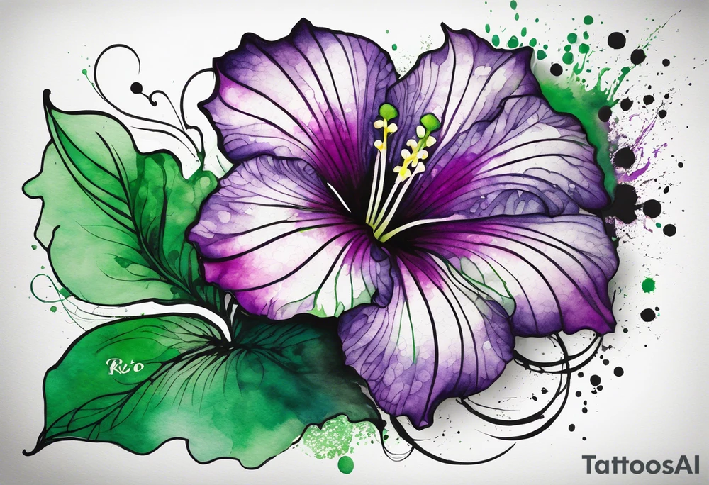 A mystical outline of a green and purple rio dipladenia flower and a green and purple watercolor splash in the background tattoo idea