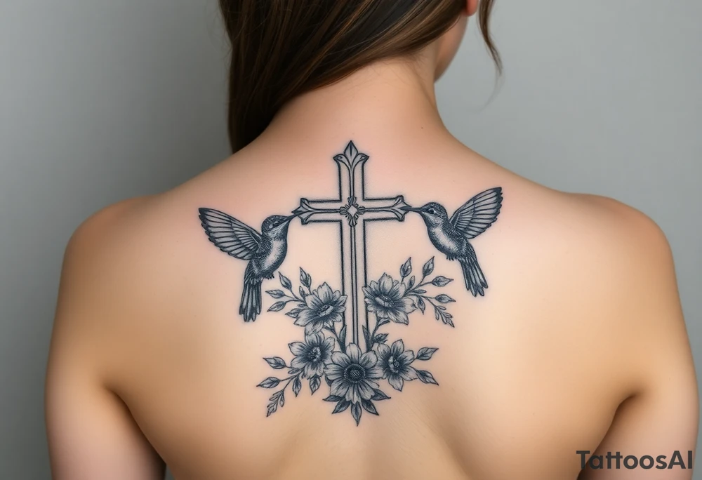 cross surrounded by hummingbirds and flowers tattoo idea