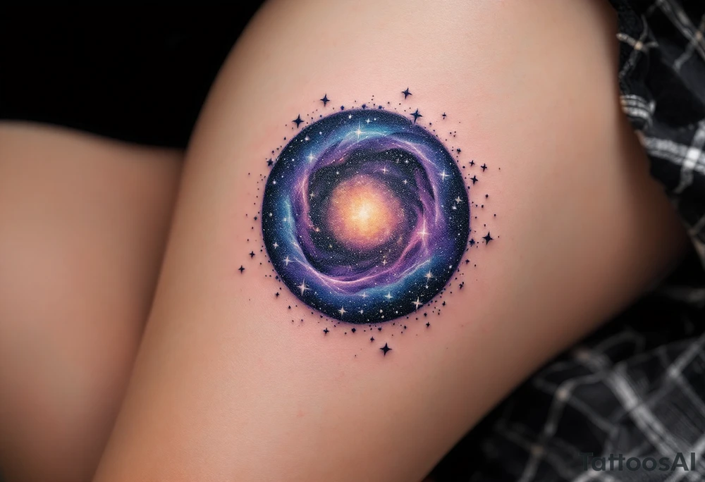 A small galaxy-filled circle in purple, indigo, and black, with specks of white stars. tattoo idea