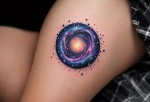 A small galaxy-filled circle in purple, indigo, and black, with specks of white stars. tattoo idea