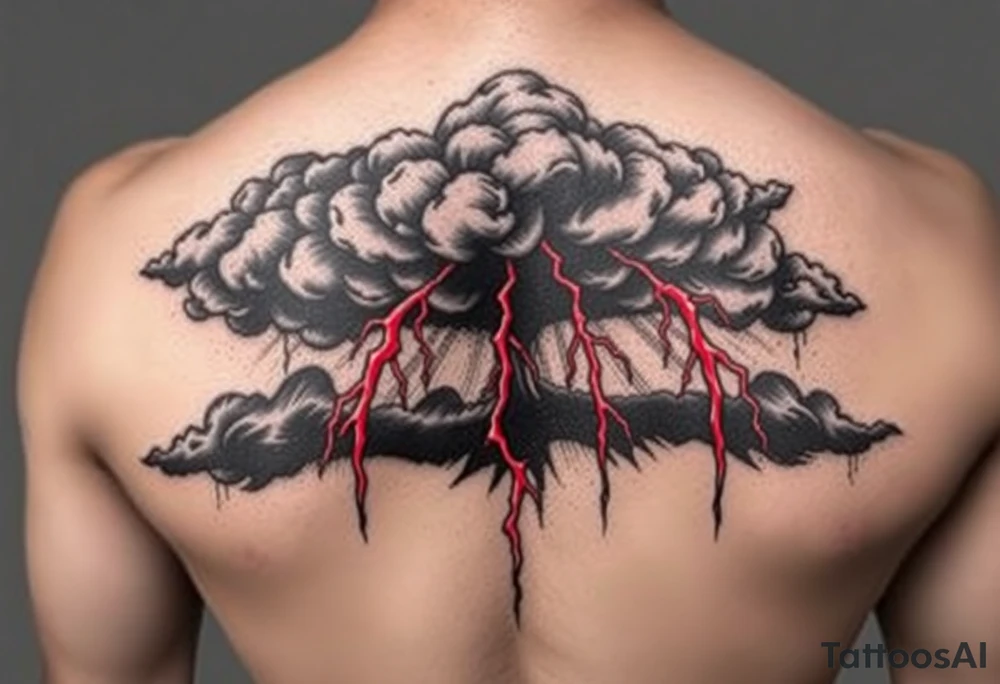 Dark, black menacing storm clouds with creepy red bolts of lightning coming down tattoo idea