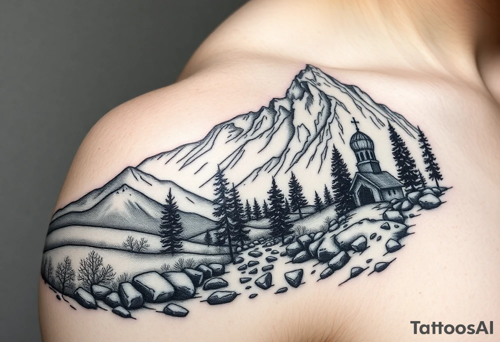 Mountainous valley with creek and a few trees with a Russian orthodox kazan scene covering my shoulder entering my upper arm tattoo idea