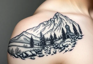 Mountainous valley with creek and a few trees with a Russian orthodox kazan scene covering my shoulder entering my upper arm tattoo idea