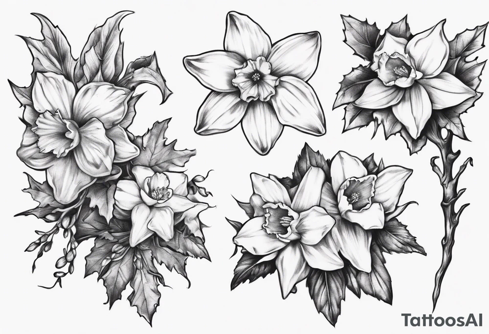 OAKLEE with Narcissus and holly flowers tattoo idea