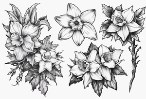 OAKLEE with Narcissus and holly flowers tattoo idea