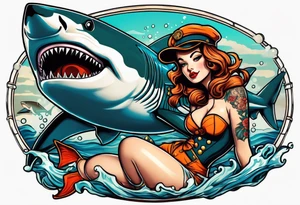 Deep sea diver with tiger shark and pin up girl tattoo idea