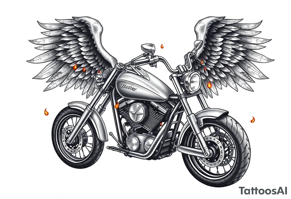 Harley grey motorcycle driving away, flames, angel wings tattoo idea