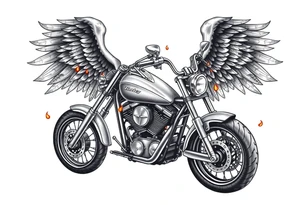 Harley grey motorcycle driving away, flames, angel wings tattoo idea