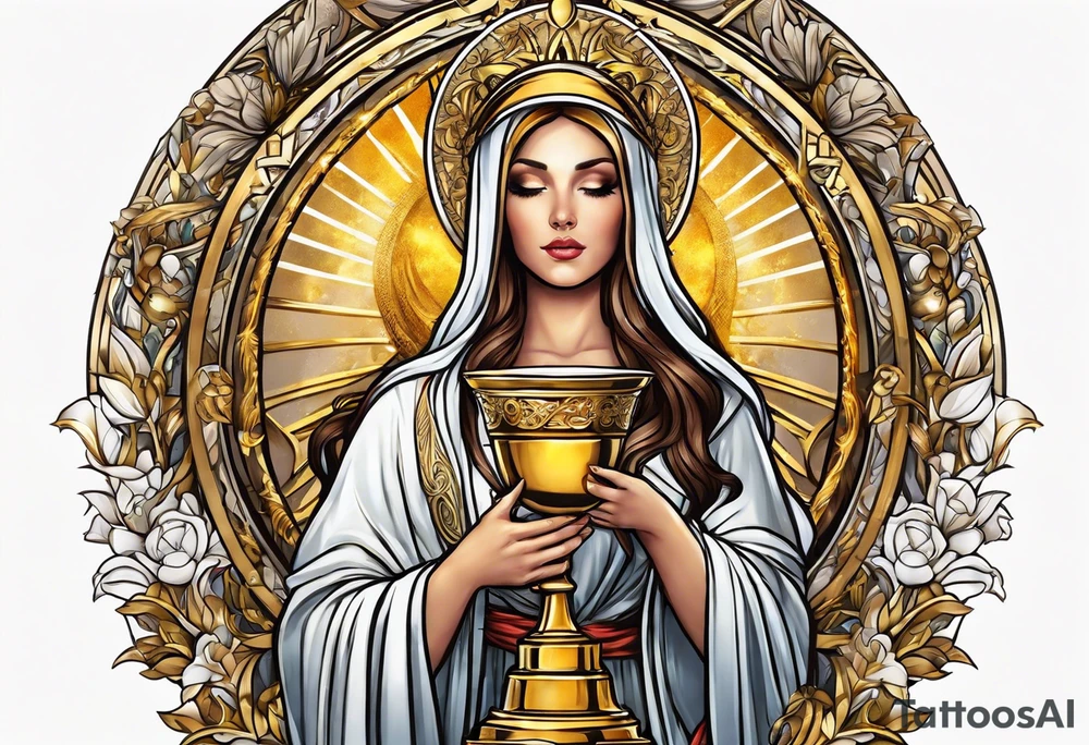 woman saint holding chalice surrounded by golden halo tattoo idea
