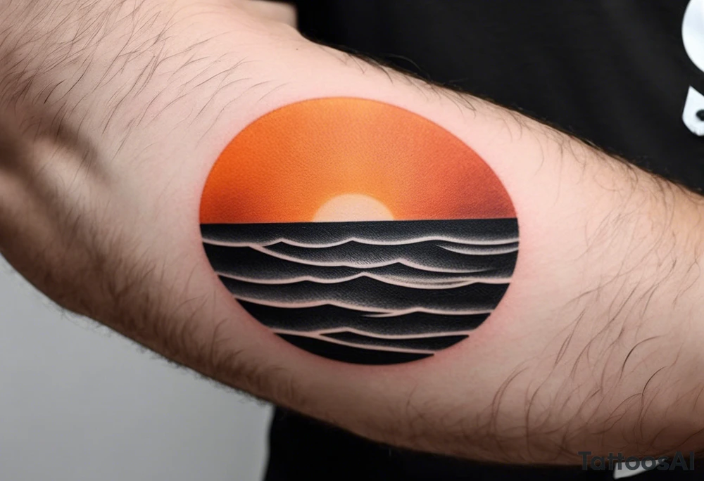 This is an extremely simple and minimalistic tattoo on male forearm. It is black and white with tiny splashes of orange from the sun. The tattoo 4 inches wide by 2 inches tall. From the perspective of being on the ocean, Water is calm, with no waves in sight, the sun is setting behind the ocean, reflecting light onto the ocean. tattoo idea