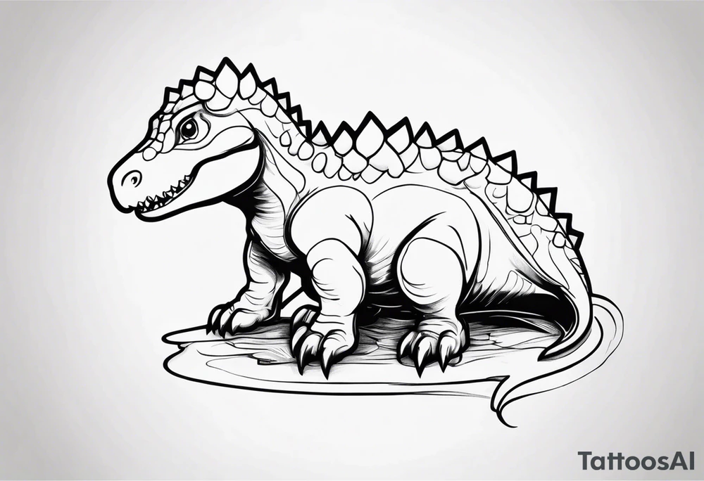 Draw me a simple sweet sitting dino who is drawing on a painting tattoo idea
