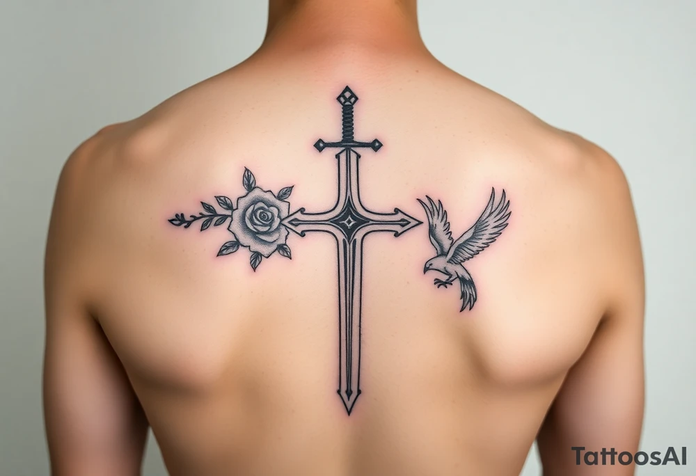 Cross sword on arm darkened in with roses pearls and a small phoenix rising from the ashes feminine tattoo idea