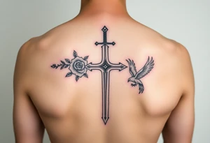 Cross sword on arm darkened in with roses pearls and a small phoenix rising from the ashes feminine tattoo idea