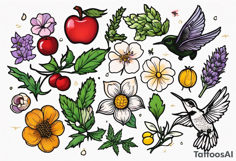Hops, Rosemary, Thyme, Sage, Juniper, Corn, Wheat, Rose, Sunflower, Cherry blossom, Apple blossom, Honeycomb, Maple leaves, Violet/primrose, Carrot, Cherry, Apple/apple core, Acorns

Hawk, Lightbulb, Hummingbird tattoo idea