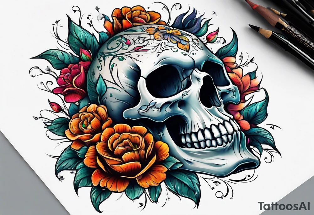skull with flowers growing on it tattoo idea