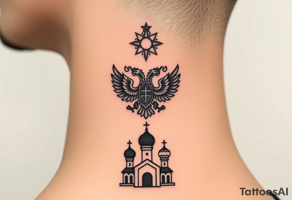 Stacked Vertical Column 

Russian star — bold
Middle: double-headed eagle — simplified, cleaner lines to suit the smaller space
Bottom: Orthodox church dome(s) & a Virgin Mary silhouette beneath tattoo idea