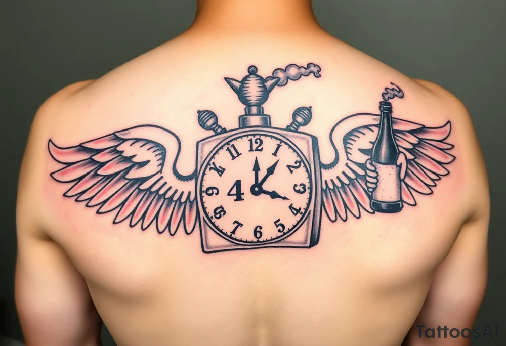 jack in the box tattoo with
the box as a clock with the time 420
two open wings besides the clock
smoke as the spring rising from the clock
a jester clown coming out the smoke
smoking in one hand with a liquor bottle on the other hand tattoo idea