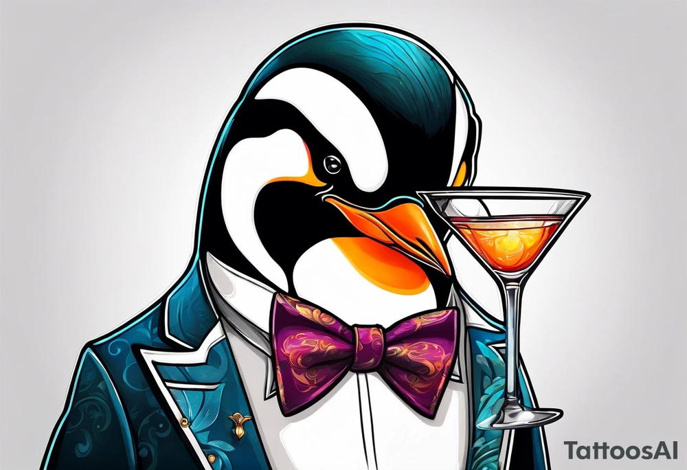 Classy penguin drinking a martini tattoo idea