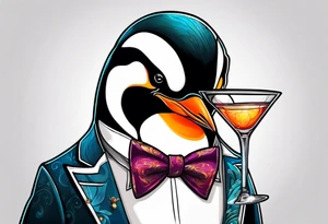 Classy penguin drinking a martini tattoo idea