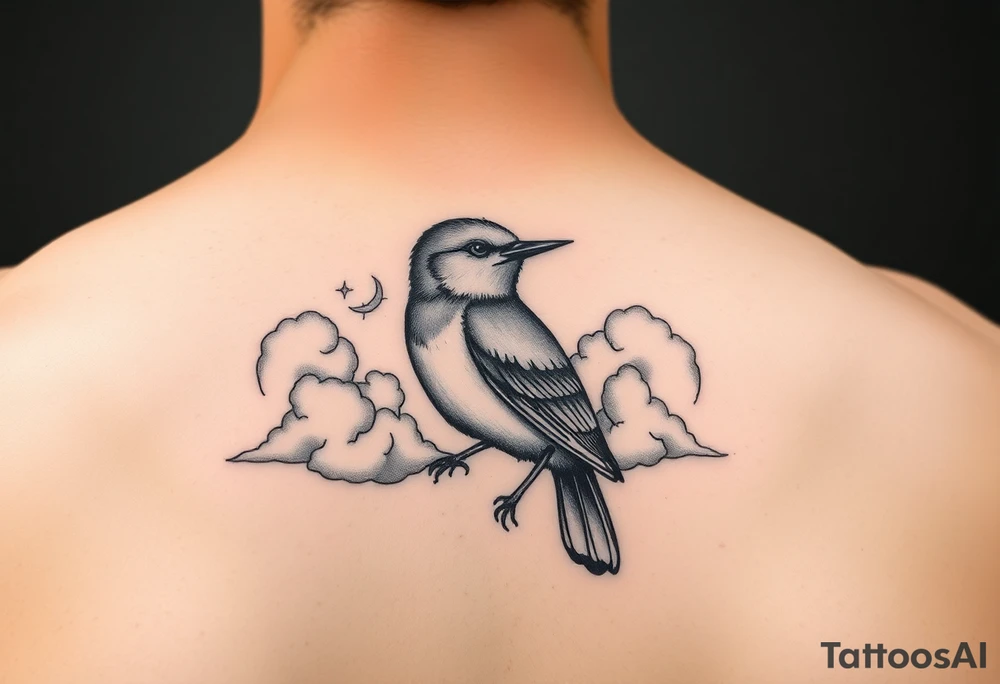 Kentucky bluebird with realistic clouds tattoo idea