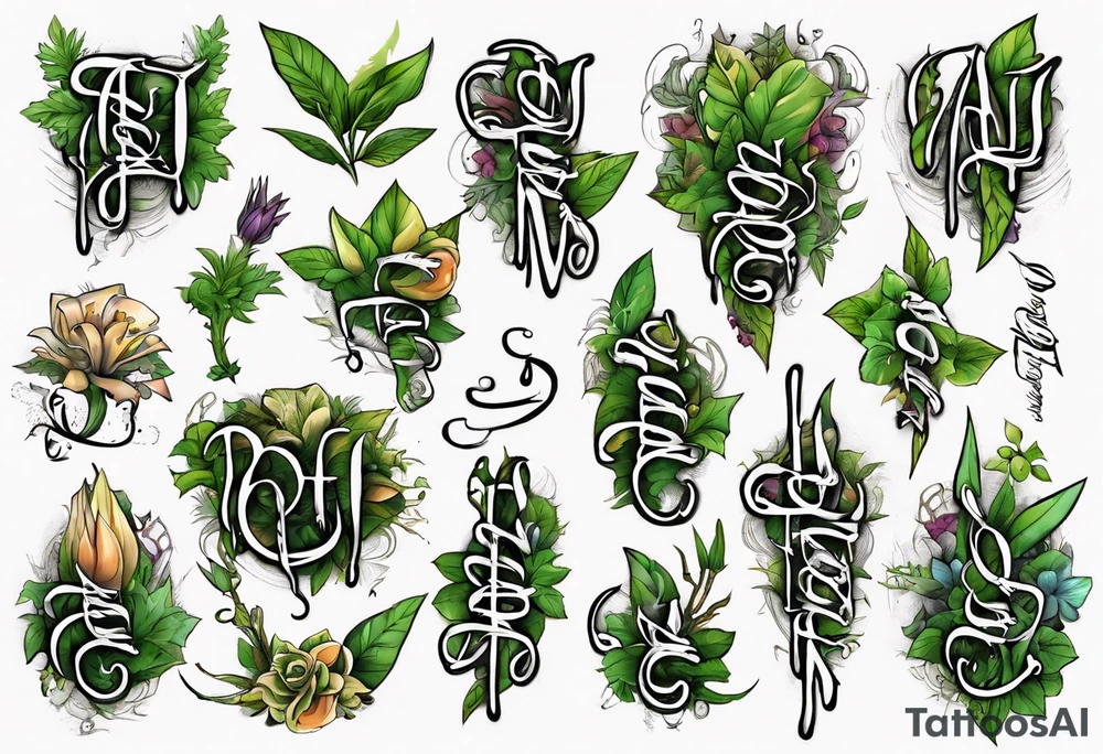 Words “Plant Powered” spelled out with plants and vines through out the words tattoo idea