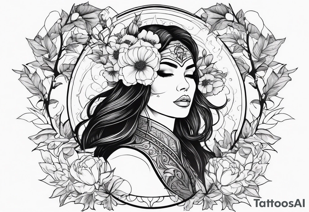 Full body Powerful sexy warrior woman wearing animal fur surrounded by flowers and vines tattoo idea