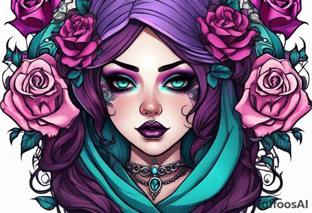 Chubby gothic girl, roses, skulls, teal, pink, purple tattoo idea