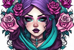 Chubby gothic girl, roses, skulls, teal, pink, purple tattoo idea