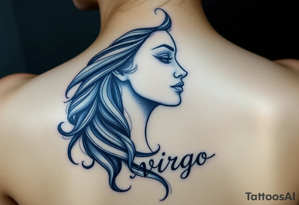 A detailed profile of a serene goddess with silver and deep navy shading and the word virgo tattoo idea