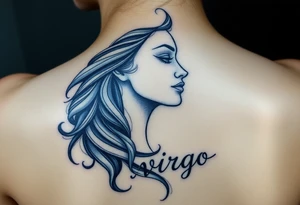 A detailed profile of a serene goddess with silver and deep navy shading and the word virgo tattoo idea