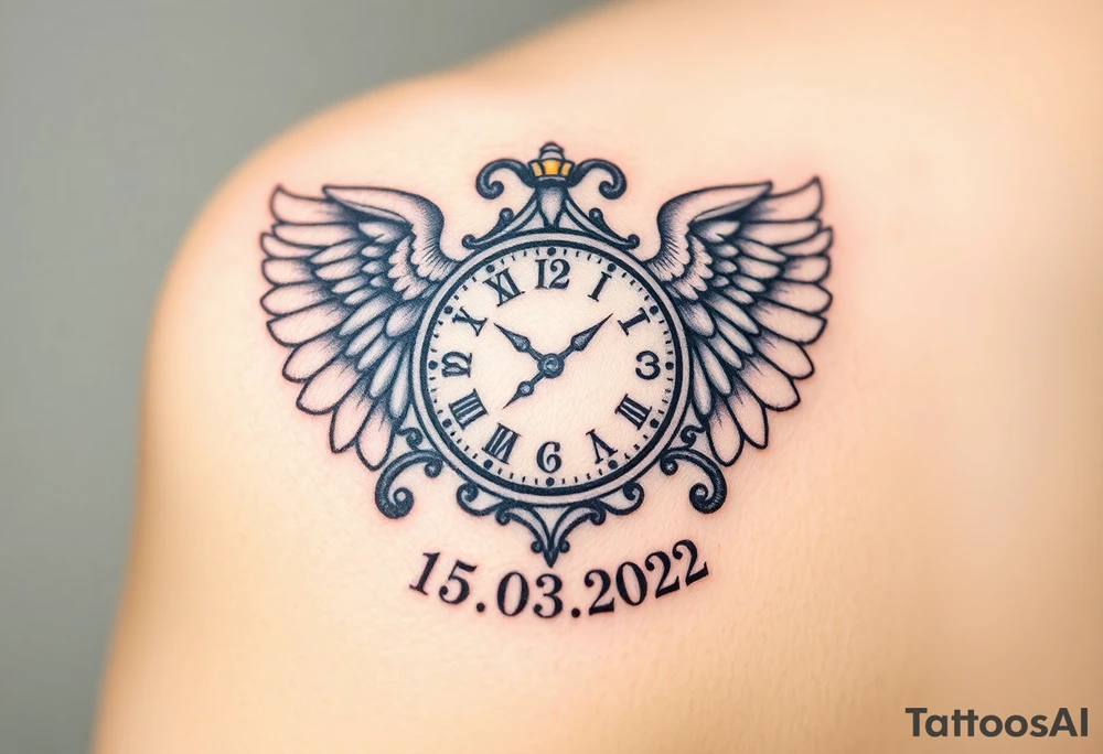 An ornate clock face encased in angel wings and date of birth 15.03.2022, symbolizing protection and love, in soft gray and white with golden highlights tattoo idea
