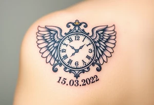 An ornate clock face encased in angel wings and date of birth 15.03.2022, symbolizing protection and love, in soft gray and white with golden highlights tattoo idea