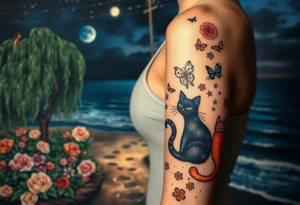 Night time. Ocean.  weeping willow garden with roses and liles flower beds. fantasy creatures, fairies, mermiads, dragons butterflies,  cat paw prints path in dirt. Black cat and orange cat tattoo idea