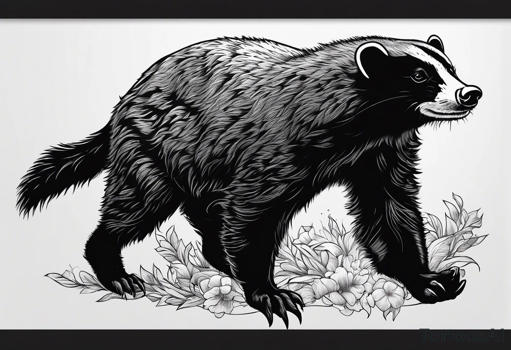 honey badger climbing over, claws near head, gentle face, legs hanging on trying to get over tattoo idea